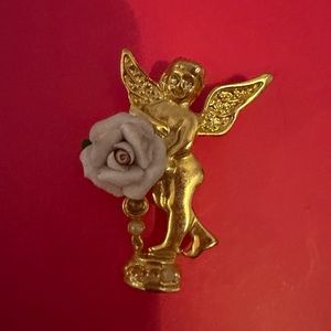 Gold Angel W/Cubic Zirconia Eyes Flower Brooch